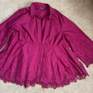 Embroidered Pink Floral Lace Peplum Bohemian Collared Swing Top Womens PLUS 32W